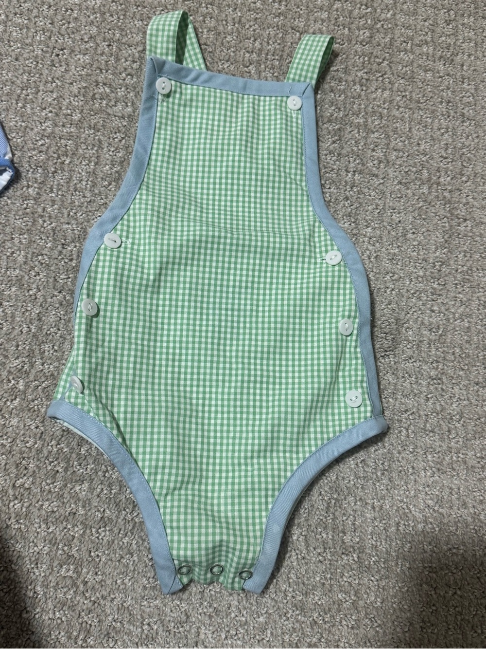 Green Gingham Baby Romper with Blue Trim